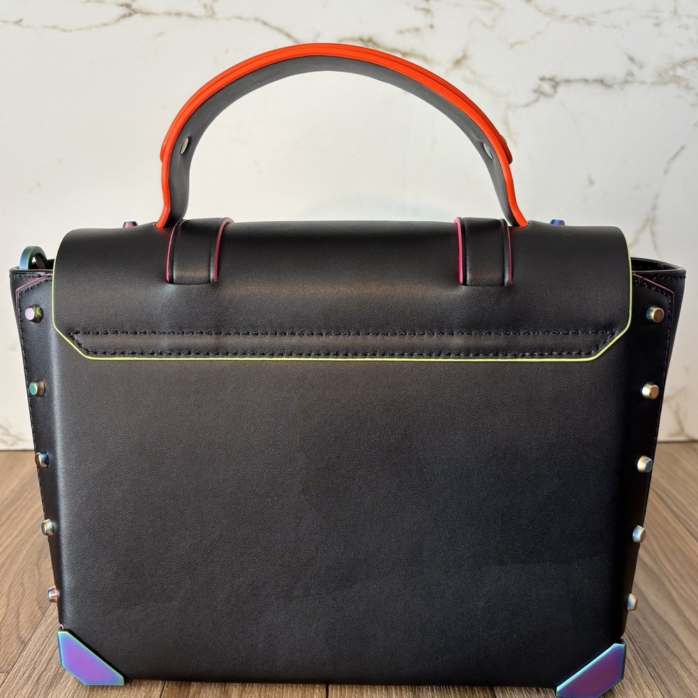 Michael Kors Manhattan Black Medium Leather Unique Satchel Neon Colors Crossbody - Picture 3 of 16